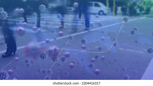 Image Of Dna, Coronavirus With Time Lapse Of Multiracial People On City Street. Digital Composite, Pandemic, Covid-19, Viral Infection, Healthcare And Medicine, Epidemic, Microbiology.