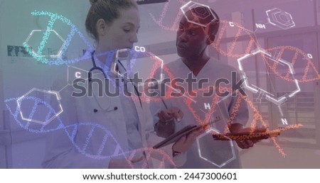 Image of dna and data processing over diverse doctors in hospital. Global healthcare, science, medicine, research, computing and data processing concept digitally generated image.