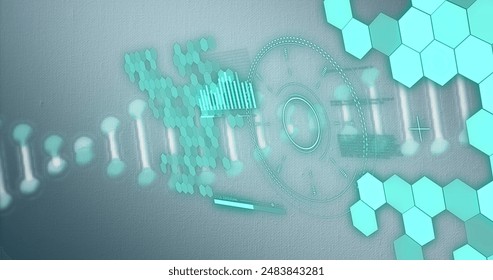 Image of dna helix, loading circles, bar, graph and hexagon pattern over abstract background. Digitally generated, hologram, illustration, report, business, molecule and technology concept. - Powered by Shutterstock