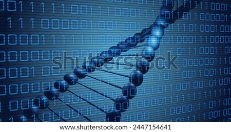 Image of dna rotating over binary code on blue background. Science, biology, data processing and technology concept digitally generated image.