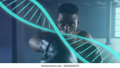 Image of dna strain over man exercising with boxing gloves. Digital interface global sport and performance concept digitallygenerated image.