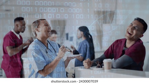 Image of dna strand and binary coding data processing over diverse doctors in hospital. Global medicine, healthcare, connections, computing and data processing concept digitally generated image.