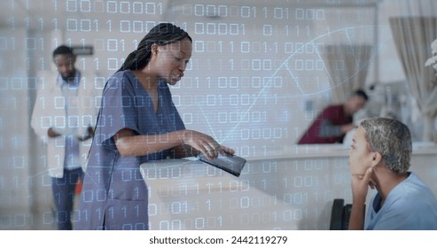Image of dna strand and binary coding data processing over diverse doctors in hospital. Global medicine, healthcare, connections, computing and data processing concept digitally generated image.