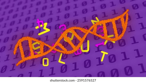 Image of dna strand, binary coding and data processing over purple background. Global science, connections, computing and data processing concept digitally generated image.