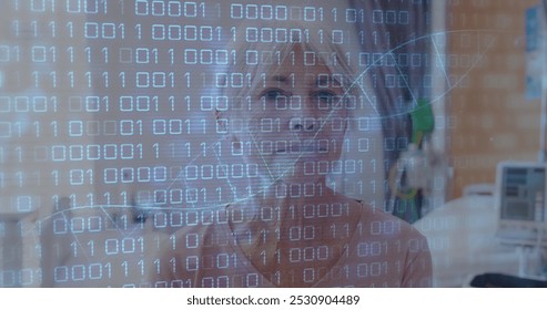 Image of dna strand and binary data over smiling caucasian senior female patient in hospital. Medical and healthcare services concept digitally generated image. - Powered by Shutterstock