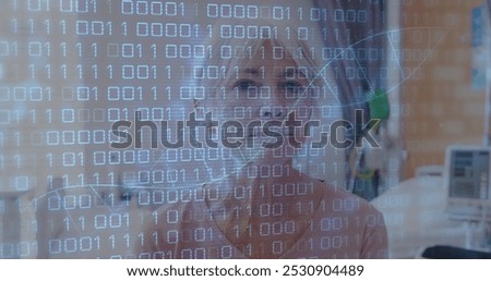 Image of dna strand and binary data over smiling caucasian senior female patient in hospital. Medical and healthcare services concept digitally generated image.