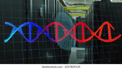 Image of dna strand with biometric fingerprint over computer servers. Global data processing, connections and cloud computing concept digitally generated image. - Powered by Shutterstock - Get 15% off with code: PIKWIZARD15