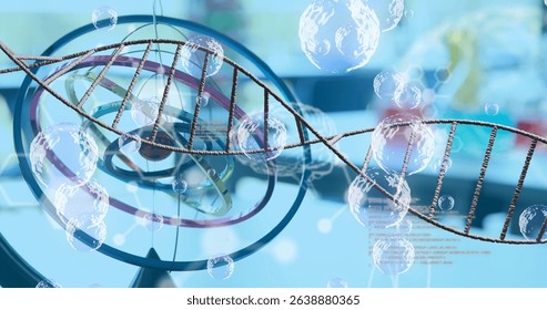 Image of dna strand and bubbles over lab. Global medicine, science and digital interface concept digitally generated image.