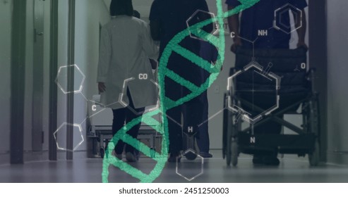 Image of dna strand and chemical formula over diverse doctors working at hospital. Medicine, healthcare and digital interface concept concept digitally generated image. - Powered by Shutterstock