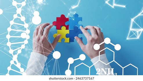 Image of dna strand and chemical formula over hands holding puzzle pieces on blue background. Global medicine, healthcare and digital interface concept digitally generated image. - Powered by Shutterstock