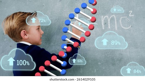 Image of dna strand and clouds with data processing over caucasian schoolboy. learning, science, cloud computing, digital interface and data processing concept digitally generated image.