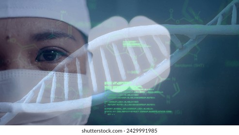 Image of dna strand and data processing over asian female surgeon in hospital. Global medicine, healthcare, connections, computing and data processing concept digitally generated image.