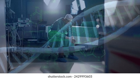 Image of dna strand and data processing over caucasian male surgeon in hospital. Global medicine, healthcare services, connections, computing and data processing concept digitally generated image.