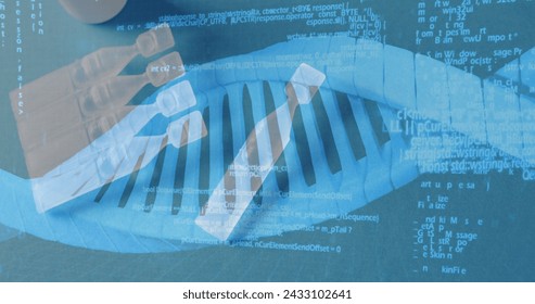 Image of dna strand and data processing over samples. Global medicine and digital interface concept digitally generated image.