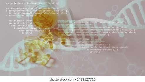 Image of dna strand and data processing over pills. Global medicine and digital interface concept digitally generated image.