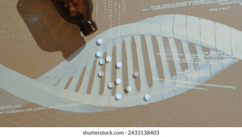 Image of dna strand and data processing over pills. Global medicine and digital interface concept digitally generated image.