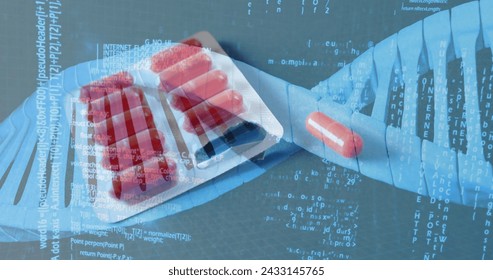 Image of dna strand and data processing over pills. Global medicine and digital interface concept digitally generated image.