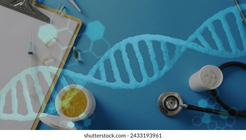 Image of dna strand and data processing over pills and stethoscope. Global medicine and digital interface concept digitally generated image.