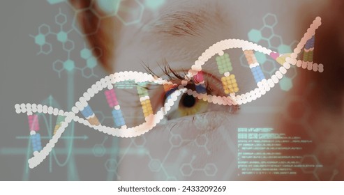 Image of dna strand and data processing over eye. Global medicine and digital interface concept digitally generated image.