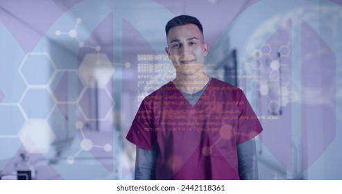 Image of dna strand and data processing over biracial male doctor in hospital. Global medicine, healthcare, connections, computing and data processing concept digitally generated image.