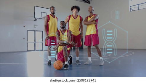 Image of dna strand and data processing over diverse basketball players on court. Global sports, competition, connections, computing and data processing concept digitally generated image. - Powered by Shutterstock