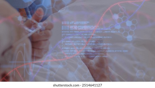 Image of dna strand with data processing over senior african american woman taking pills. Global science, medicine, healthcare, lifestyle and digital interface concept digitally generated image. - Powered by Shutterstock