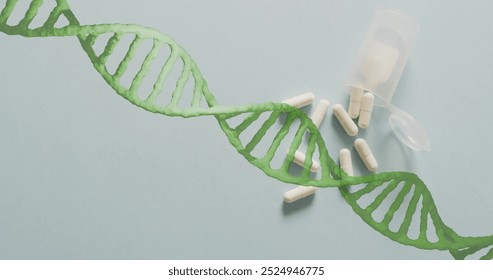 Image of dna strand and data processing over medication. Global science, medicine, connections, computing and data processing concept digitally generated image.