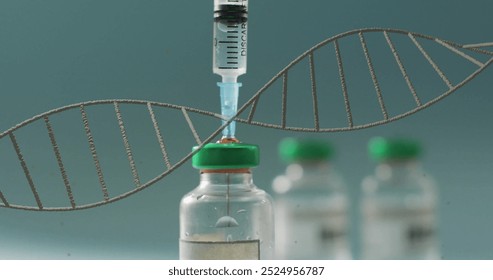 Image of dna strand and data processing over vaccination. Global science, medicine, connections, computing and data processing concept digitally generated image.