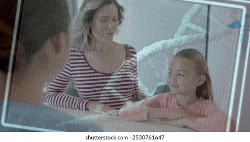 Image of dna strand and data processing over caucasian mother with girl patient. Global medicine, connections, computing and data processing concept digitally generated image.