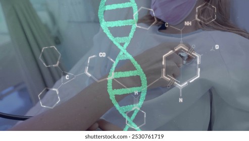 Image of dna strand and data processing over caucasian female doctor and girl patient. Global medicine, connections, computing and data processing concept digitally generated image.
