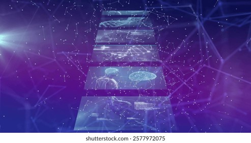 Image of dna strand and data processing on screens with connections. Global science, connections, computing and data processing concept digitally generated image.
