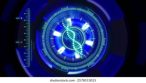 Image of dna strand and data processing over scope scanning. Science, technology and digital interface concept digitally generated image.