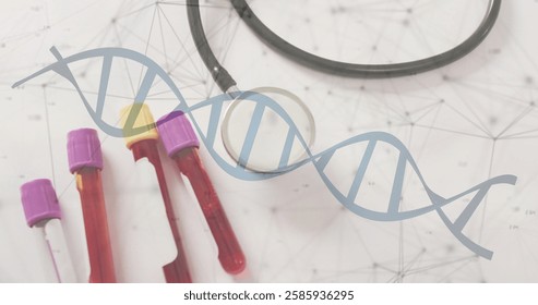 Image of dna strand and data processing over stethoscope. Global science, connections, computing and data processing concept digitally generated image.