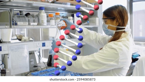 Image of dna strand and data processing over caucasian female scientist in laboratory. Global scientist, connections, computing and data processing concept digitally generated image.