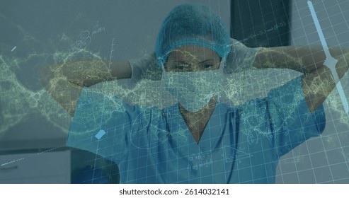 Image of dna strand and data processing over female caucasian surgeon with face mask. global research and medicine during covid 19 pandemic concept digitally generated image.