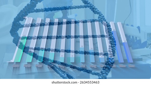 Image of dna strand and data processing over digital icons. Global shipping and connections concept digitally generated image.