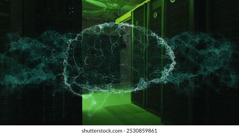 Image of dna strand and digital brain over server room. Global technology, online security and digital interface concept digitally generated image.