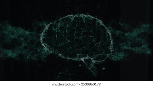 Image of dna strand and digital brain over server room. Global technology, online security and digital interface concept digitally generated image.