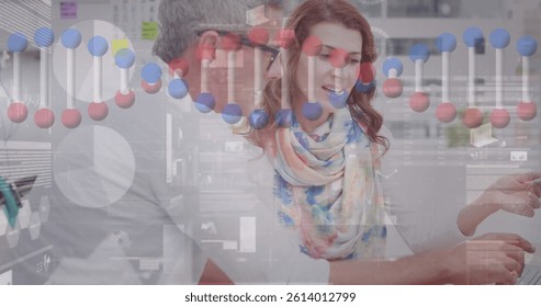 Image of dna strand and financial data processing over business people using computer. global science, business, data processing and digital interface concept digitally generated image.