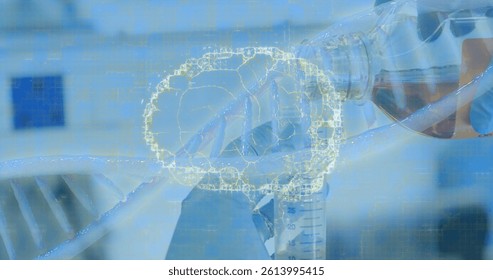 Image of dna strand and human brain over laboratory test tube. global science, research, data processing and digital interface concept digitally generated image.