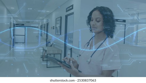 Image of dna strand and medical data processing over biracial female doctor. Global healthcare, science, medicine, research, computing and data processing concept digitally generated image.