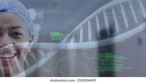 Image of dna strand and medical data over half face of smiling biracial female doctor. Medical and healthcare services concept digitally generated image. - Powered by Shutterstock