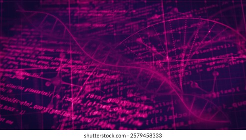 Image of dna strand with molecules over data processing on black background. Global science, computing and digital interface concept digitally generated image.