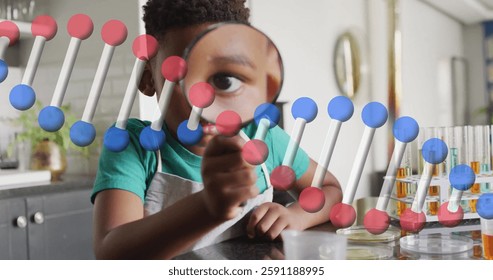 Image of dna strand over african american boy with magnifying glass in laboratory. Global science, connections, computing and data processing concept digitally generated image. - Powered by Shutterstock - Get 15% off with code: PIKWIZARD15