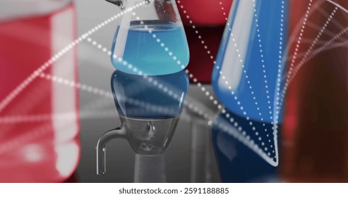Image of dna strand over beakers on laboratory background. Global science, connections, computing and data processing concept digitally generated image.