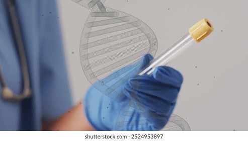 Image of dna strand over biracial female doctor holding test tube. Global science, medicine, connections, computing and data processing concept digitally generated image. - Powered by Shutterstock