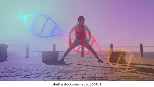 Image of dna strand over biracial woman stretching on promenade. health and fitness concept digitally generated image. - Powered by Shutterstock