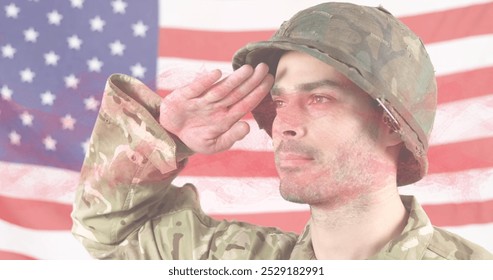 Image of dna strand over caucasian male soldier and flag of usa. Politics and patriotism concept digitally generated image. - Powered by Shutterstock