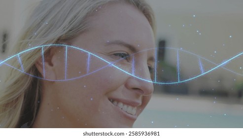 Image of dna strand over caucasian woman smiling. Global science, lifestyle and digital interface concept digitally generated image.