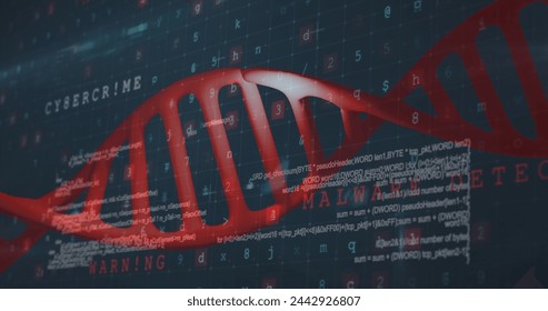 Image of dna strand over data processing on black background. technology, computing and digital interface concept digitally generated image.
